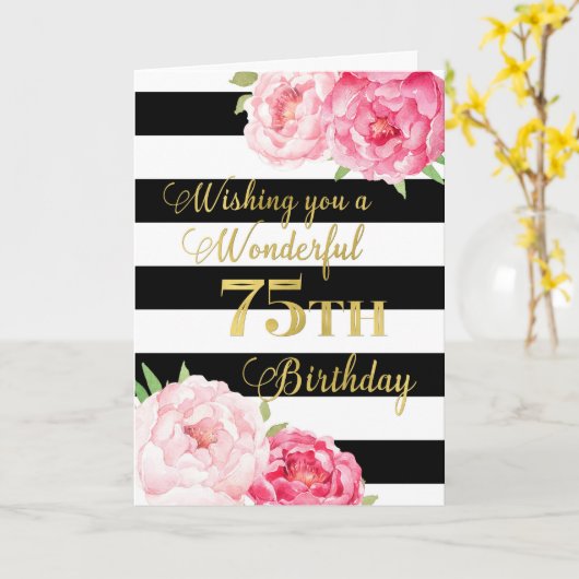 Zwarte strepen en roze bloemen 75ste verjaardag kaart (Gele Bloem)