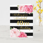 Zwarte Strepen en Roze Bloemen Gelukkig 40e Verjaa Kaart (Gele Bloem)