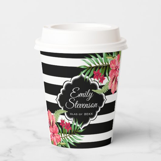 Zwarte strepen Exotische bloemen - Afstuderen papi Papieren Bekers (Achterkant)