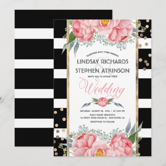 Zwarte Strepen Goud Confetti Roze Bloemen Huwelijk Kaart (Voorkant / Achterkant)