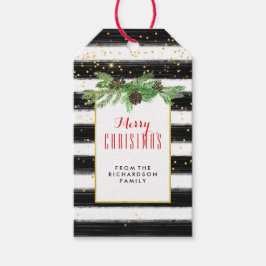 Zwarte strepen met gouden Confetti en dennenappels Cadeaulabel