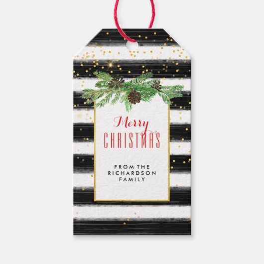 Zwarte strepen met gouden Confetti en dennenappels Cadeaulabel