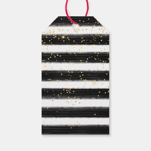 Zwarte strepen met gouden Confetti en dennenappels Cadeaulabel (Achterkant)