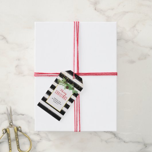 Zwarte strepen met gouden Confetti en dennenappels Cadeaulabel (Met Touw)
