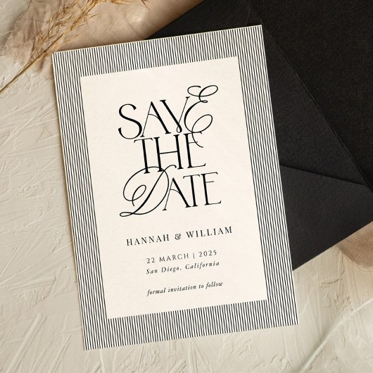 Zwarte Strepen Old Money Bruiloft Save The Date