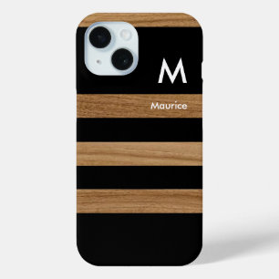 Zwarte strepen op hout met naam en Initiaal iPhone 15 Case