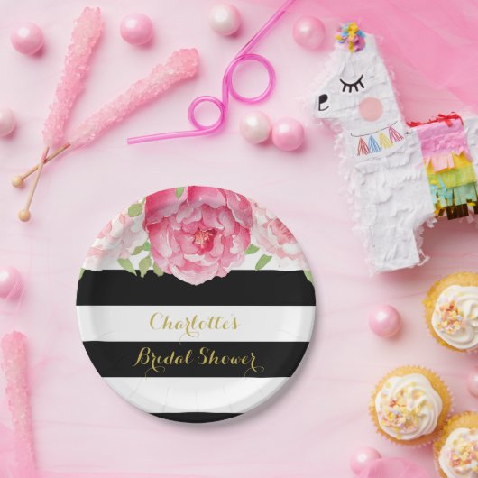 Zwarte Strepen Roze Aquarel Bruiloft Bord (Feest)