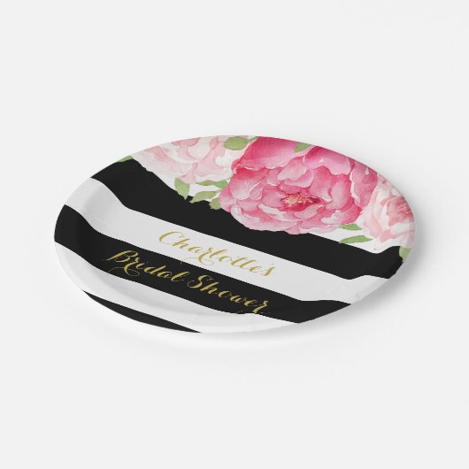 Zwarte Strepen Roze Aquarel Bruiloft Bord (Gekanteld)