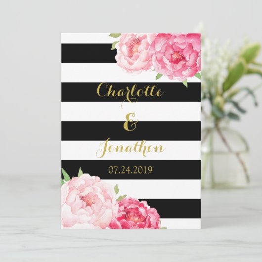Zwarte strepen roze bloemen bruiloft uitnodigingen (Staand voorkant)