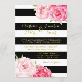 Zwarte strepen roze bloemen bruiloft uitnodigingen