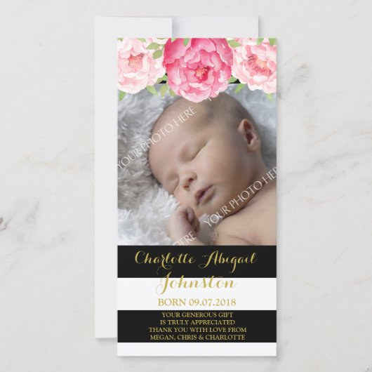 Zwarte Strepen Roze Bloemen Dank Je Wel Baby Showe Bedankkaart (Voorkant)