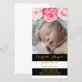 Zwarte Strepen Roze Bloemen Dank Je Wel Baby Showe Bedankkaart (Voorkant / Achterkant)