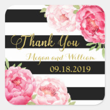 Zwarte strepen roze bloemenbruiloft gunst Labels