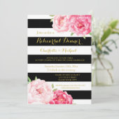 Zwarte strepen roze bloemenrepetitie diner kaart (Staand voorkant)