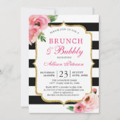 Zwarte Strepen Roze Bloemige Brunch en Bubbels Kaart (Voorkant)
