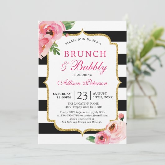 Zwarte Strepen Roze Bloemige Brunch en Bubbels Kaart (Staand voorkant)