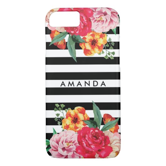 Zwarte strepen Waterverf Peony Flowers JOUW NAAM Case-Mate iPhone Case (Achterkant)