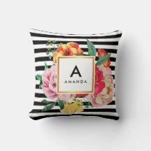 Zwarte strepen Waterverf Peony Flowers Monogram