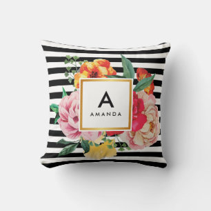 Zwarte strepen Waterverf Peony Flowers Monogram Kussen