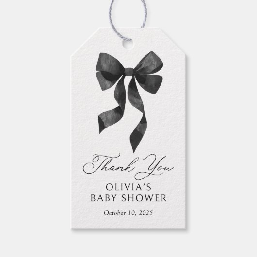 Zwarte strik baby shower cadeaulabel (Voorkant)