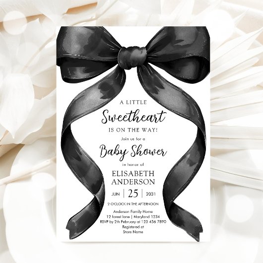 Zwarte strik Coquette babyshower uitnodiging