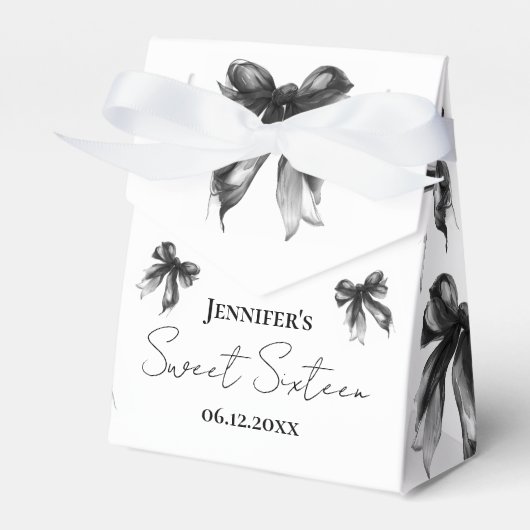 Zwarte strik Coquette Script Sweet 16 bedankje Bedankdoosjes (Voorkant Zijde)