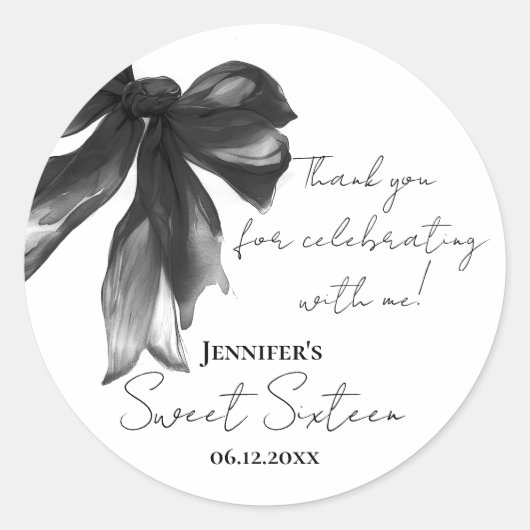 Zwarte strik Coquette Script Sweet 16 bedankje Ronde Sticker (Voorkant)