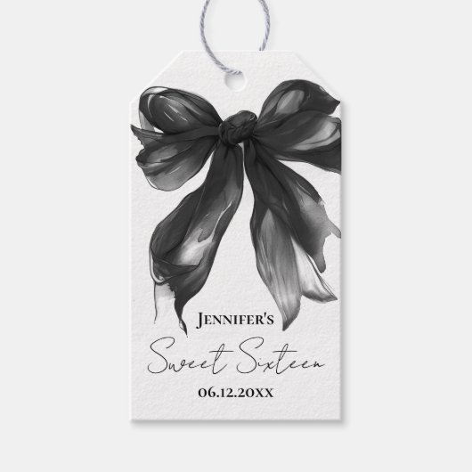 Zwarte strik coquette script Sweet 16-feest Cadeaulabel (Voorkant)