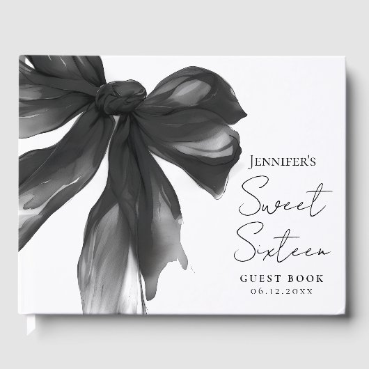 Zwarte strik coquette script Sweet 16-feest Gastenboek (Voorkant)