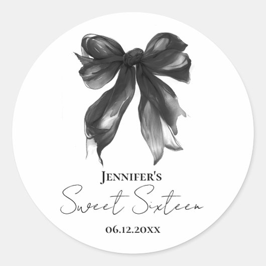 Zwarte strik Coquette Script Sweet 16-feest Ronde Sticker (Voorkant)