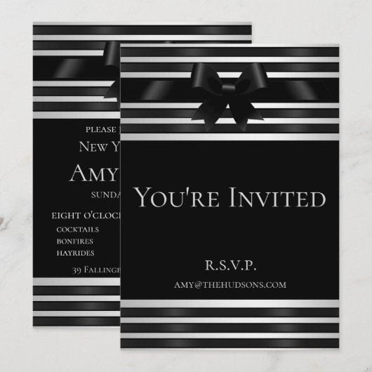 Zwarte strik met witte strepen Nieuwjaarsuitnodigi Kaart (Voorkant / Achterkant)