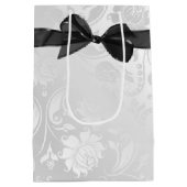 Zwarte strik op bruiloft witte damast medium cadeauzakje (Achterkant)