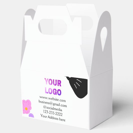 Zwarte strik roze paarse bloemen toevoegen logo bi bedankdoosjes (Geopend)