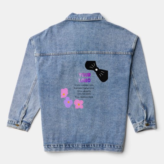 Zwarte strik roze paarse bloemen toevoegen logo bi denim jacket (Achterkant)
