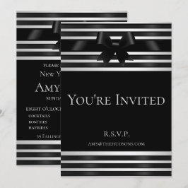 Zwarte strik witte strepen Nieuwjaarsuitnodiging Kaart