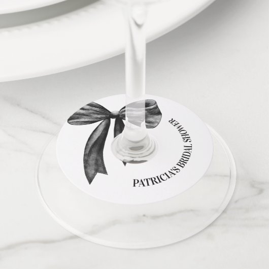 Zwarte strik zij knoopt de knoop bruids douche wijnglaslabel (Dichtbij)