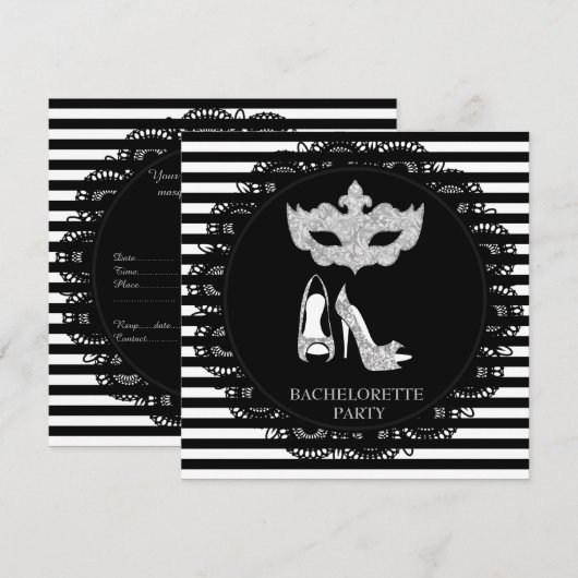 ZWARTE STRIPE BACHELORETTE MASQUERADE PARTIJ KAART (Voorkant / Achterkant)