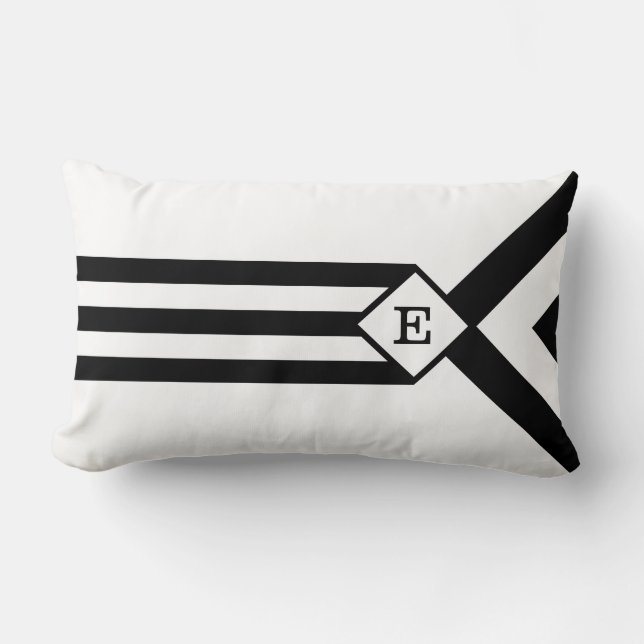 Zwarte Stripes en Chevrons met Monogram op wit Kussen (Voorkant)