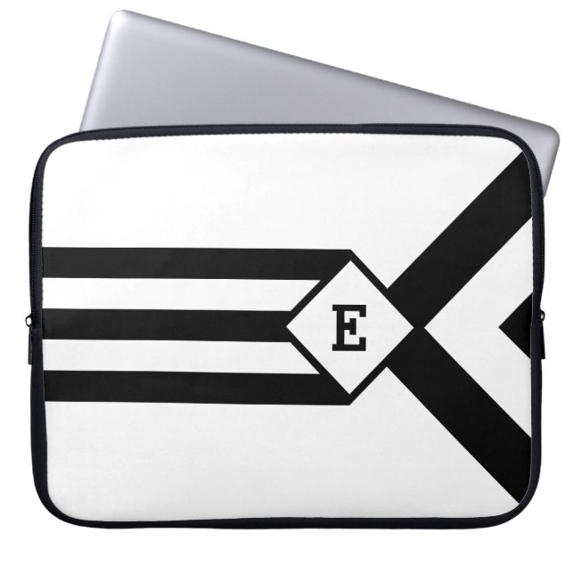 Zwarte Stripes en Chevrons met Monogram op wit Laptop Sleeve (Voorkant)