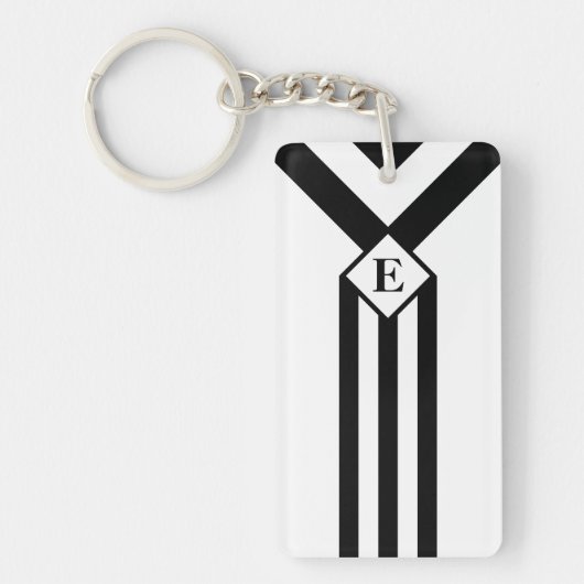 Zwarte Stripes en Chevrons met Monogram op wit Sleutelhanger (Voorkant)