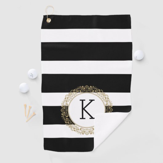 Zwarte Stripes Floral Gold Cirkel Golfhanddoek (Insitu)