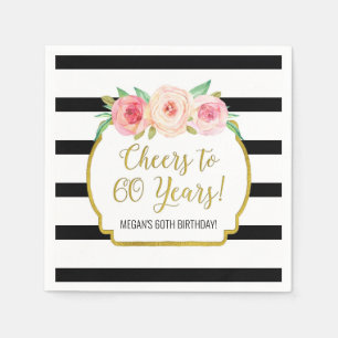 Zwarte Stripes Flowers Cheers tot 60 jaar verjaard Servet