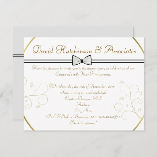 ZWARTE STROPDAS CORPORATE DINER RECEPTION INVITATI KAART (Voorkant / Achterkant)