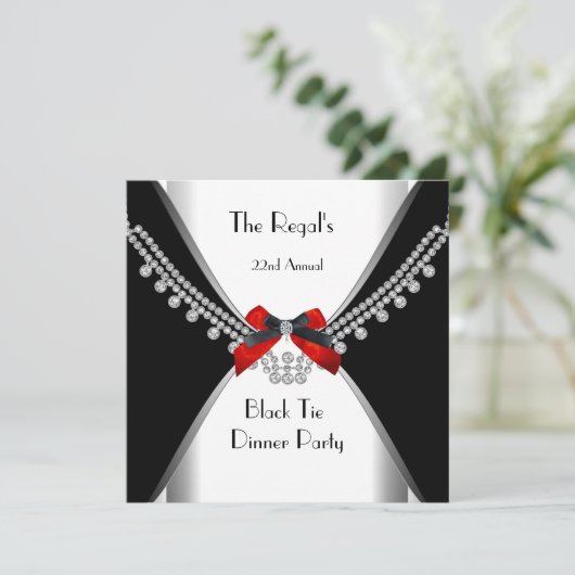 Zwarte Stropdas Dinner White Red Bow Party 3 Kaart (Staand voorkant)