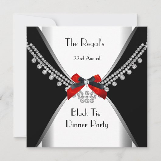 Zwarte Stropdas Dinner White Red Bow Party 3 Kaart (Voorkant)