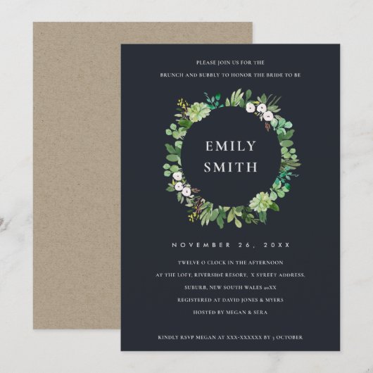 ZWARTE SUCCULENT WREATH FAUNA BRUNCH BUBBLY INVITE BEDANKKAART (Voorkant / Achterkant)