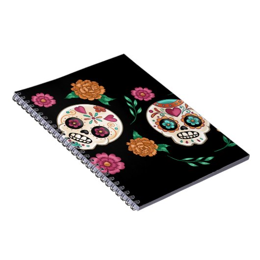 Zwarte suiker schedels en bloemen voor de Dag van  Notitieboek (Rechterzijde)