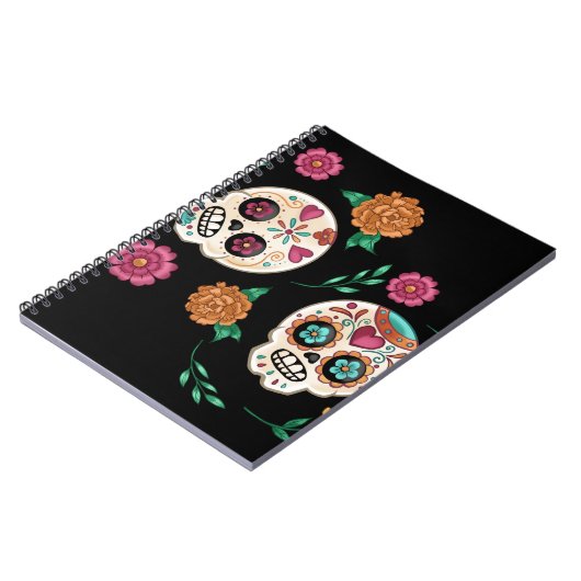 Zwarte suiker schedels en bloemen voor de Dag van  Notitieboek (Linkerzijde)