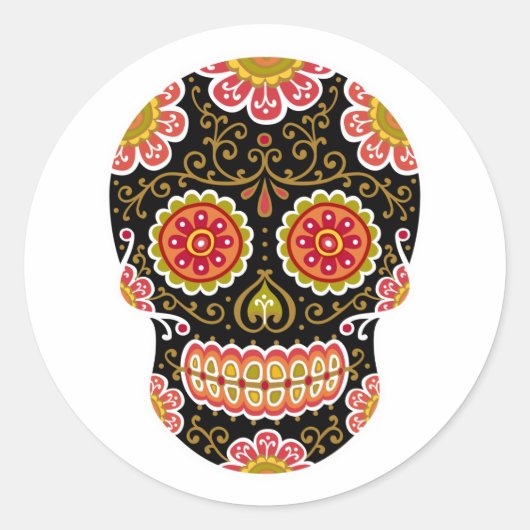 Zwarte Suikerschedel Ronde Sticker (Voorkant)