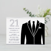 Zwarte Suit & Stropdas 21e verjaardag Echte Zilver Folie Uitnodiging (Staand Voorkant)